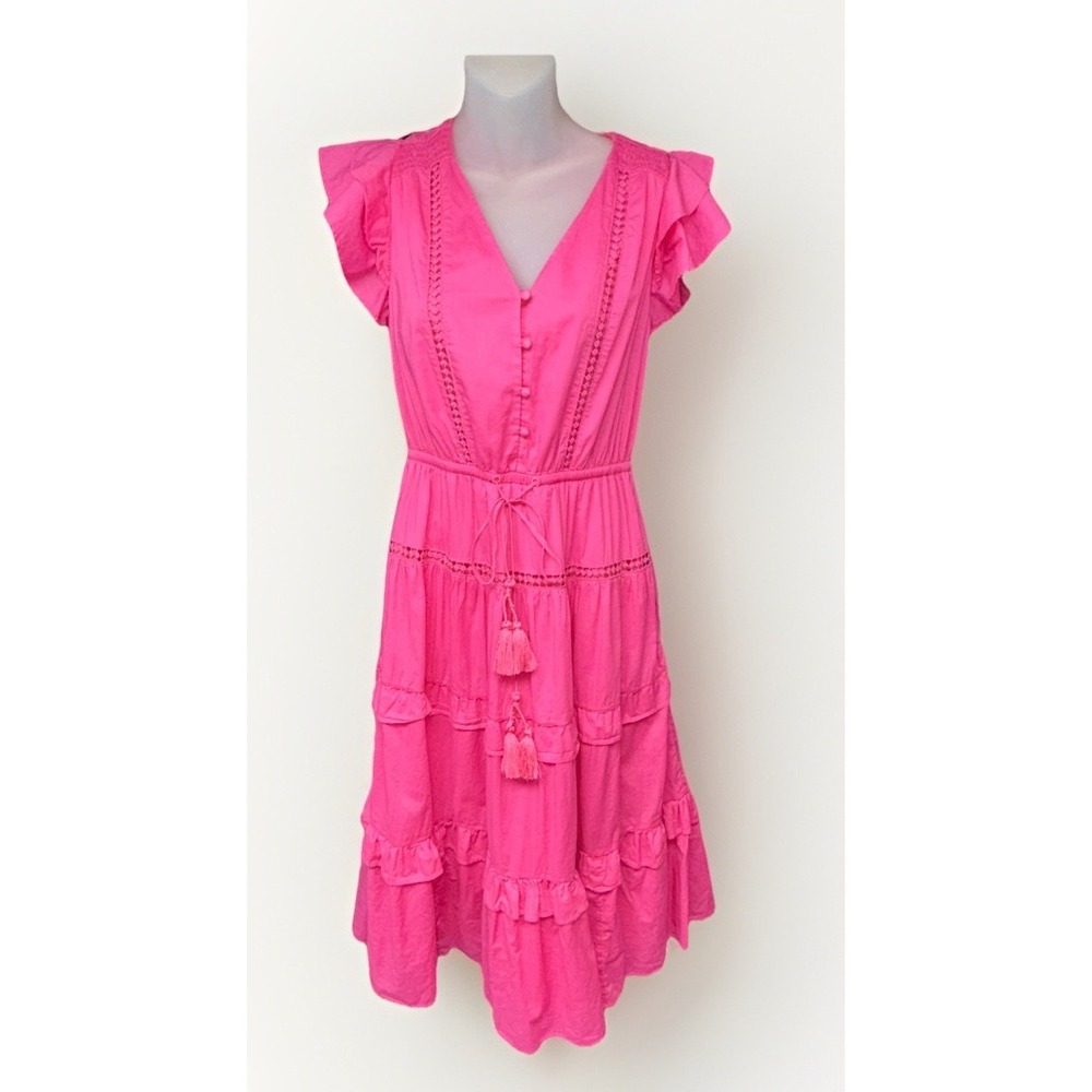 J Crew Flamingo Pink Dress  Ruffle‎ Flutter Sleeve Tassel Boho Resort Sz 2 5612